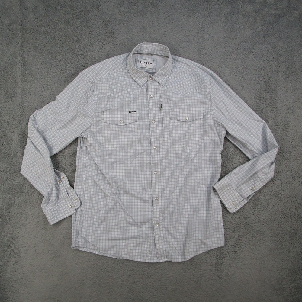 Poncho Slim Fit Western Shirt Mens Large Gray Blue Plaid Pearl Snap Long Sleeve